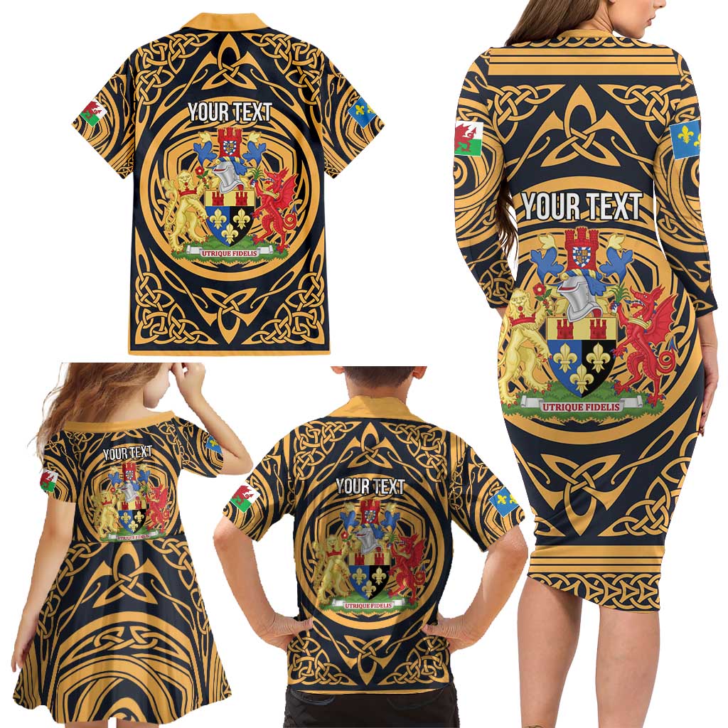 Personalized Monmouthshire Wales Family Matching Long Sleeve Bodycon Dress and Hawaiian Shirt Coat Of Arms Celtic Style - Wonder Print Shop