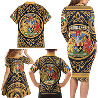 Personalized Monmouthshire Wales Family Matching Long Sleeve Bodycon Dress and Hawaiian Shirt Coat Of Arms Celtic Style - Wonder Print Shop
