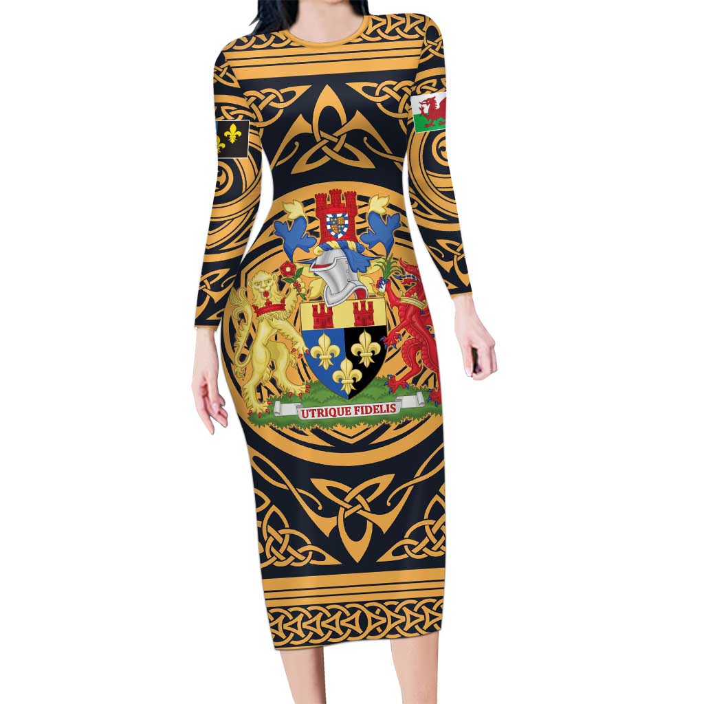 Personalized Monmouthshire Wales Family Matching Long Sleeve Bodycon Dress and Hawaiian Shirt Coat Of Arms Celtic Style - Wonder Print Shop