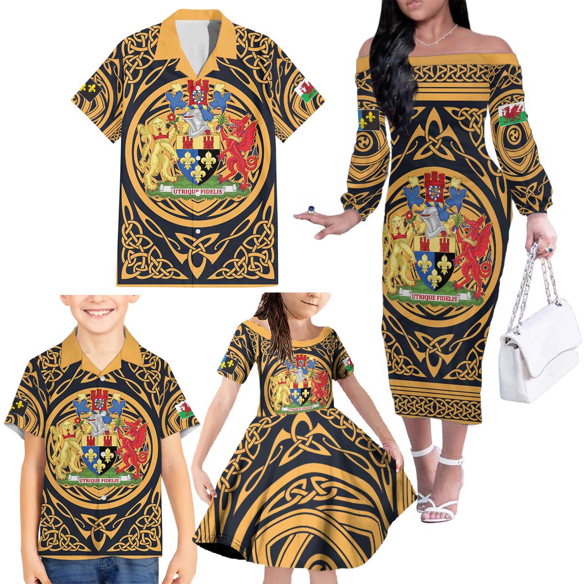Personalized Monmouthshire Wales Family Matching Off The Shoulder Long Sleeve Dress and Hawaiian Shirt Coat Of Arms Celtic Style - Wonder Print Shop