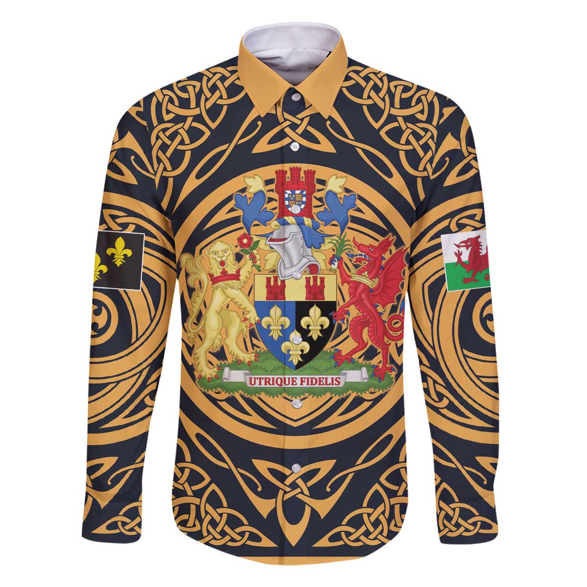 Personalized Monmouthshire Wales Family Matching Off The Shoulder Long Sleeve Dress and Hawaiian Shirt Coat Of Arms Celtic Style - Wonder Print Shop