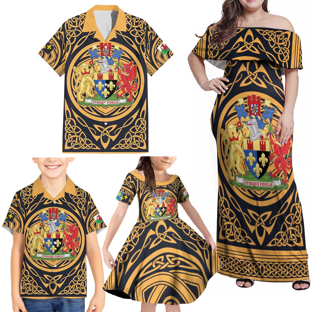 Personalized Monmouthshire Wales Family Matching Off Shoulder Maxi Dress and Hawaiian Shirt Coat Of Arms Celtic Style - Wonder Print Shop