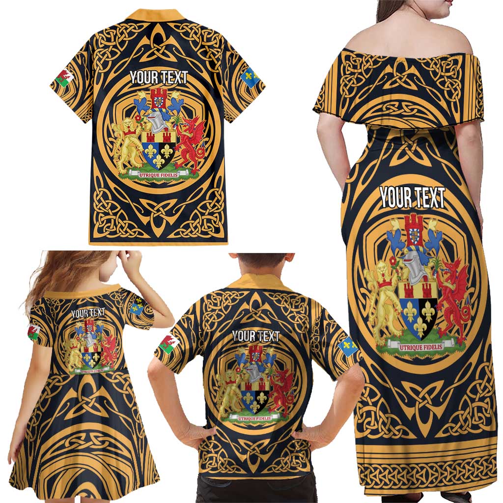 Personalized Monmouthshire Wales Family Matching Off Shoulder Maxi Dress and Hawaiian Shirt Coat Of Arms Celtic Style - Wonder Print Shop