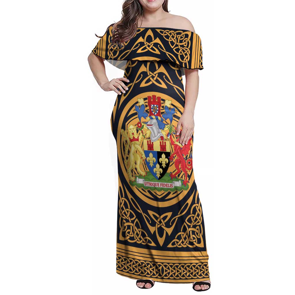 Personalized Monmouthshire Wales Family Matching Off Shoulder Maxi Dress and Hawaiian Shirt Coat Of Arms Celtic Style - Wonder Print Shop