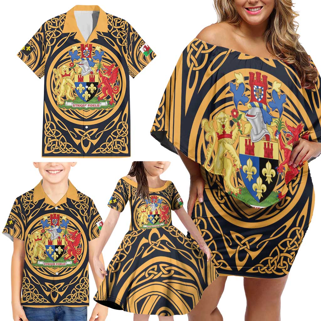 Personalized Monmouthshire Wales Family Matching Off Shoulder Short Dress and Hawaiian Shirt Coat Of Arms Celtic Style - Wonder Print Shop