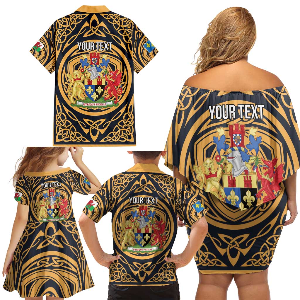 Personalized Monmouthshire Wales Family Matching Off Shoulder Short Dress and Hawaiian Shirt Coat Of Arms Celtic Style - Wonder Print Shop