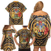 Personalized Monmouthshire Wales Family Matching Off Shoulder Short Dress and Hawaiian Shirt Coat Of Arms Celtic Style - Wonder Print Shop