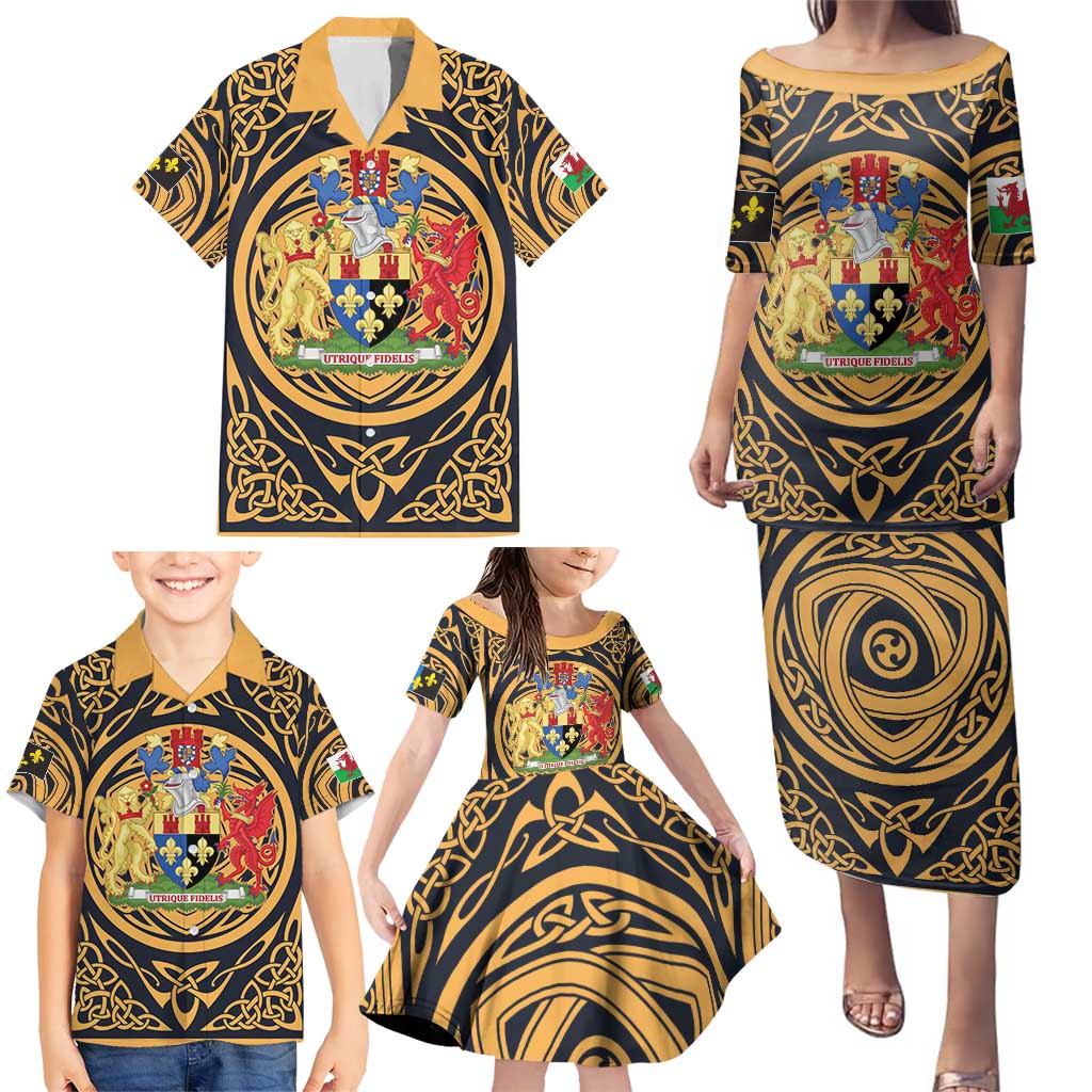 Personalized Monmouthshire Wales Family Matching Puletasi and Hawaiian Shirt Coat Of Arms Celtic Style - Wonder Print Shop