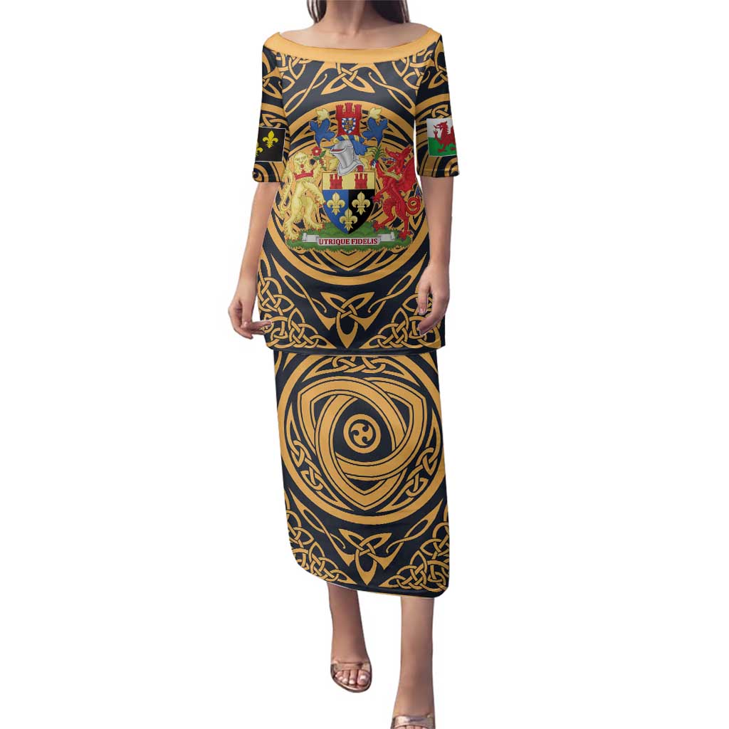 Personalized Monmouthshire Wales Family Matching Puletasi and Hawaiian Shirt Coat Of Arms Celtic Style - Wonder Print Shop