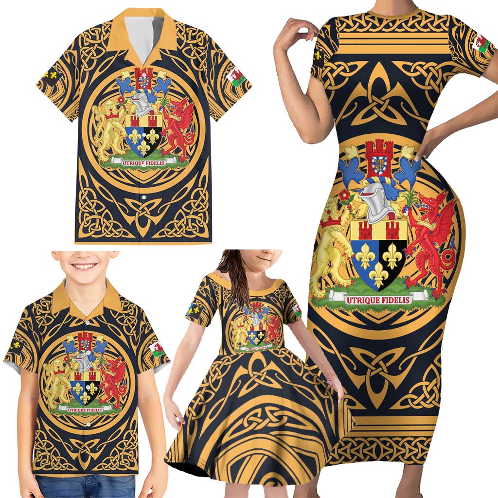 Personalized Monmouthshire Wales Family Matching Short Sleeve Bodycon Dress and Hawaiian Shirt Coat Of Arms Celtic Style - Wonder Print Shop