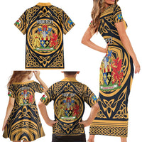 Personalized Monmouthshire Wales Family Matching Short Sleeve Bodycon Dress and Hawaiian Shirt Coat Of Arms Celtic Style - Wonder Print Shop