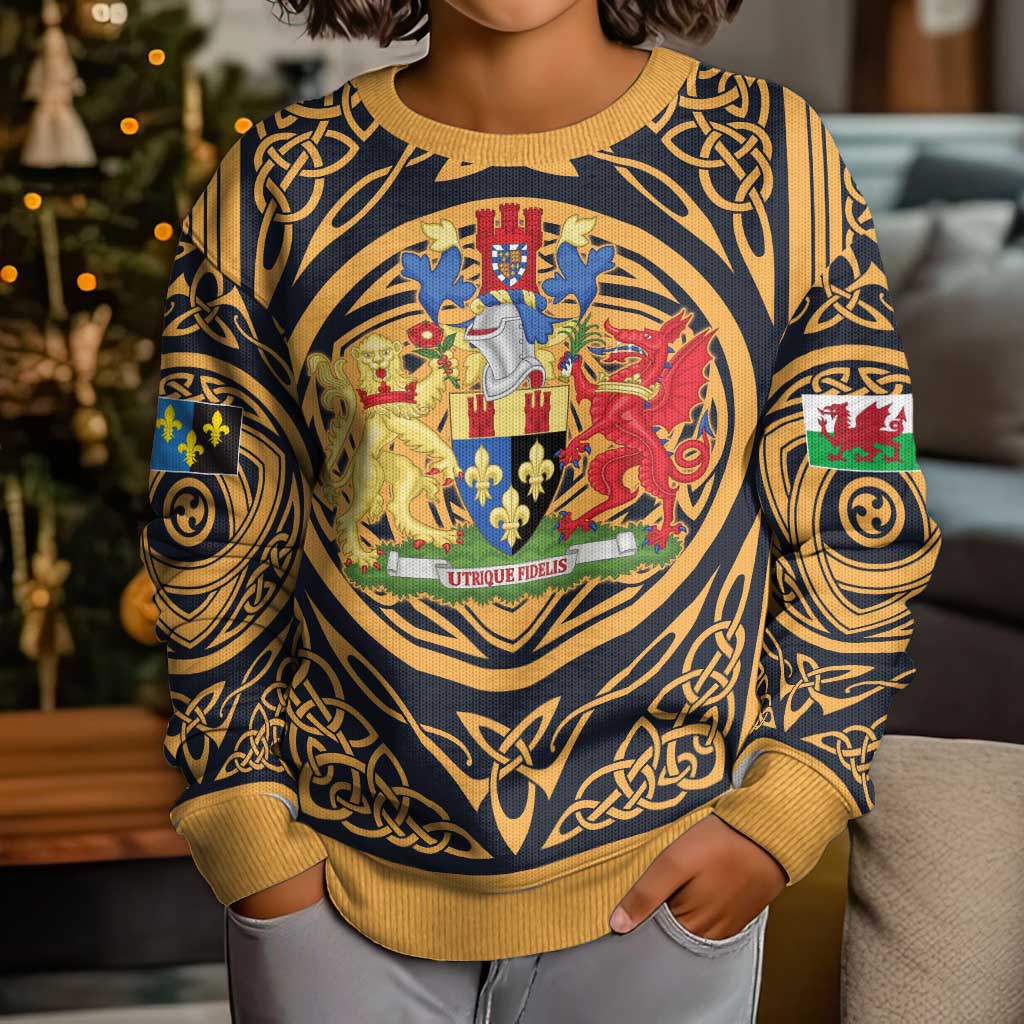 Personalized Monmouthshire Wales Kid Ugly Christmas Sweater Coat Of Arms Celtic Style - Wonder Print Shop