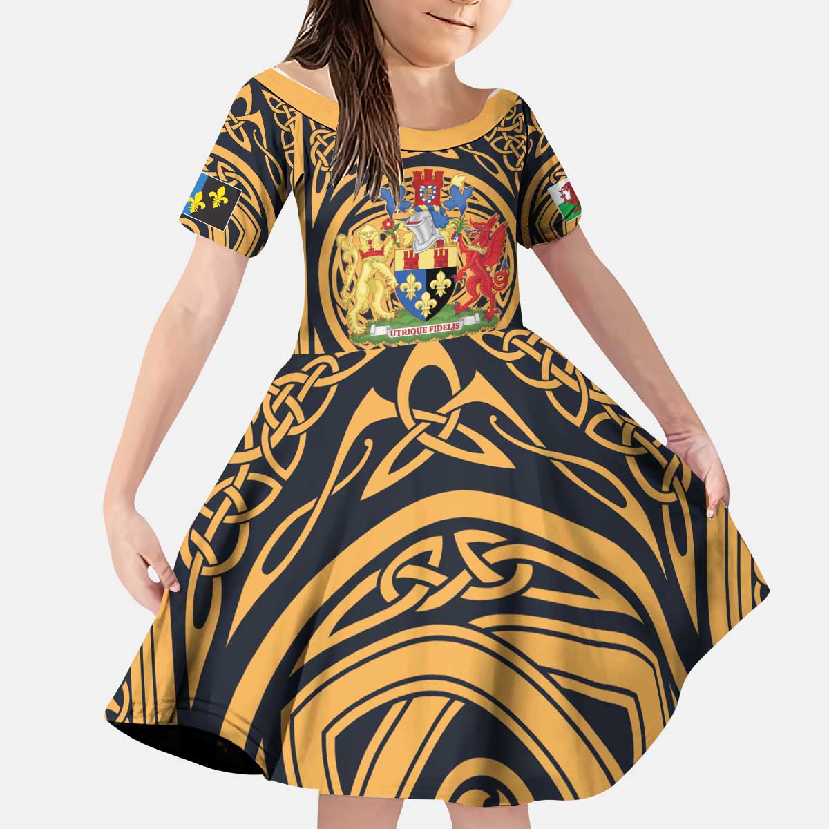 Personalized Monmouthshire Wales Kid Short Sleeve Dress Coat Of Arms Celtic Style - Wonder Print Shop