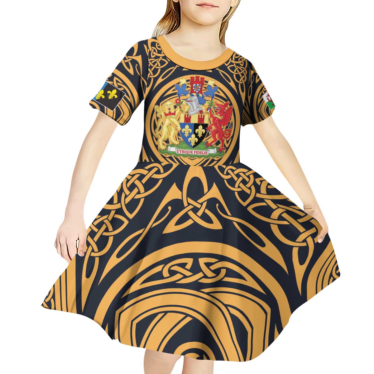 Personalized Monmouthshire Wales Kid Short Sleeve Dress Coat Of Arms Celtic Style - Wonder Print Shop