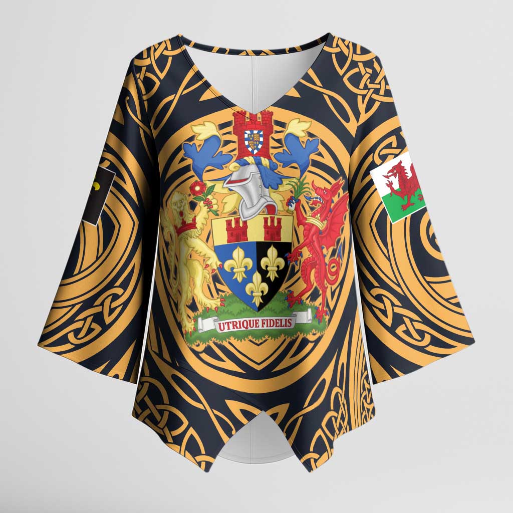 Personalized Monmouthshire Wales Kimono Sleeve Blouse Coat Of Arms Celtic Style - Wonder Print Shop