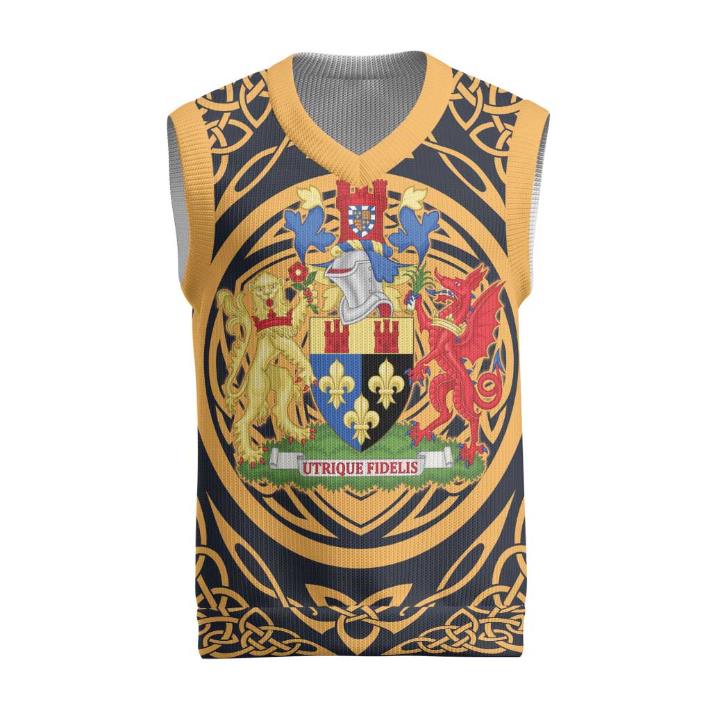 Personalized Monmouthshire Wales Christmas Knitted V-Neck Vest Coat Of Arms Celtic Style - Wonder Print Shop