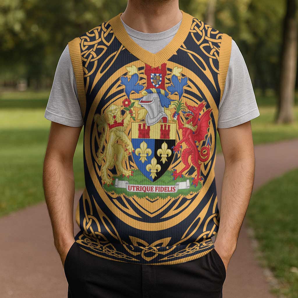 Personalized Monmouthshire Wales Christmas Knitted V-Neck Vest Coat Of Arms Celtic Style - Wonder Print Shop