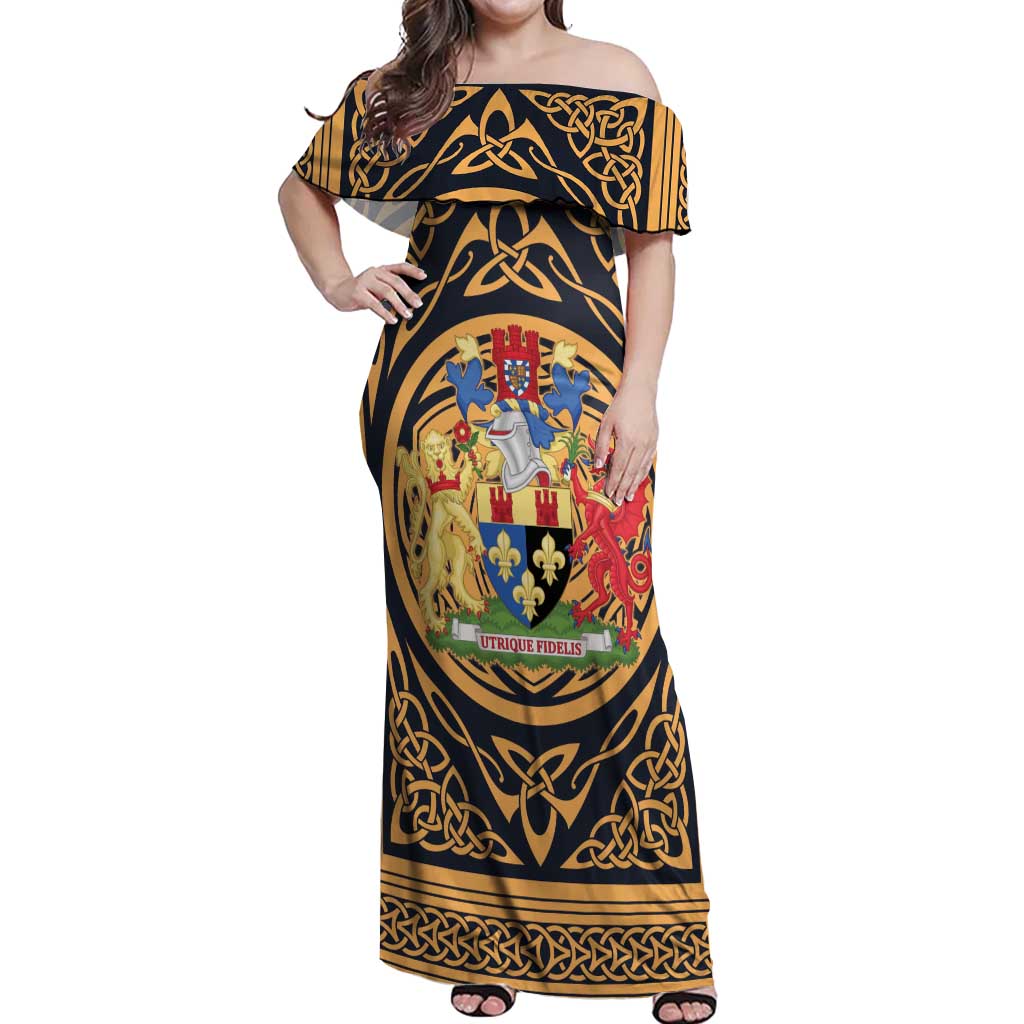 Personalized Monmouthshire Wales Off Shoulder Maxi Dress Coat Of Arms Celtic Style - Wonder Print Shop