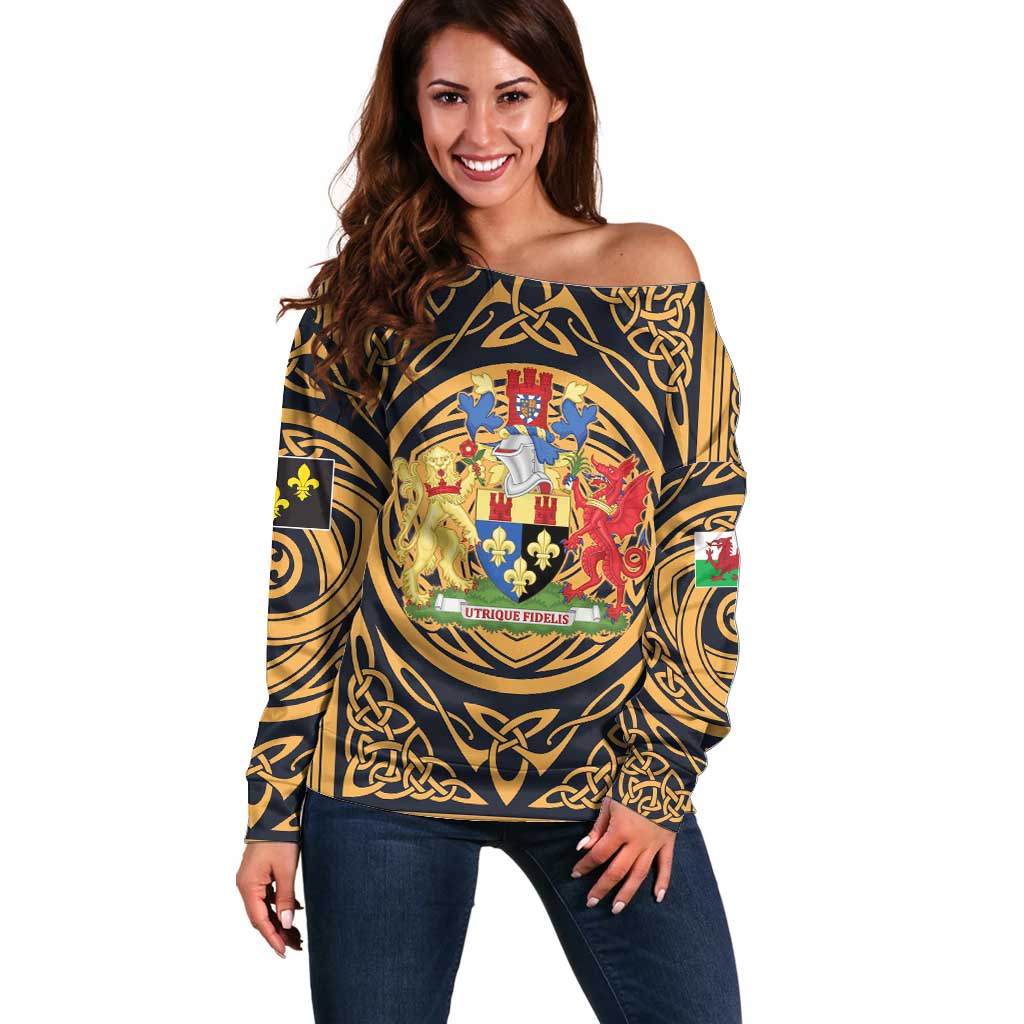 Personalized Monmouthshire Wales Off Shoulder Sweater Coat Of Arms Celtic Style - Wonder Print Shop