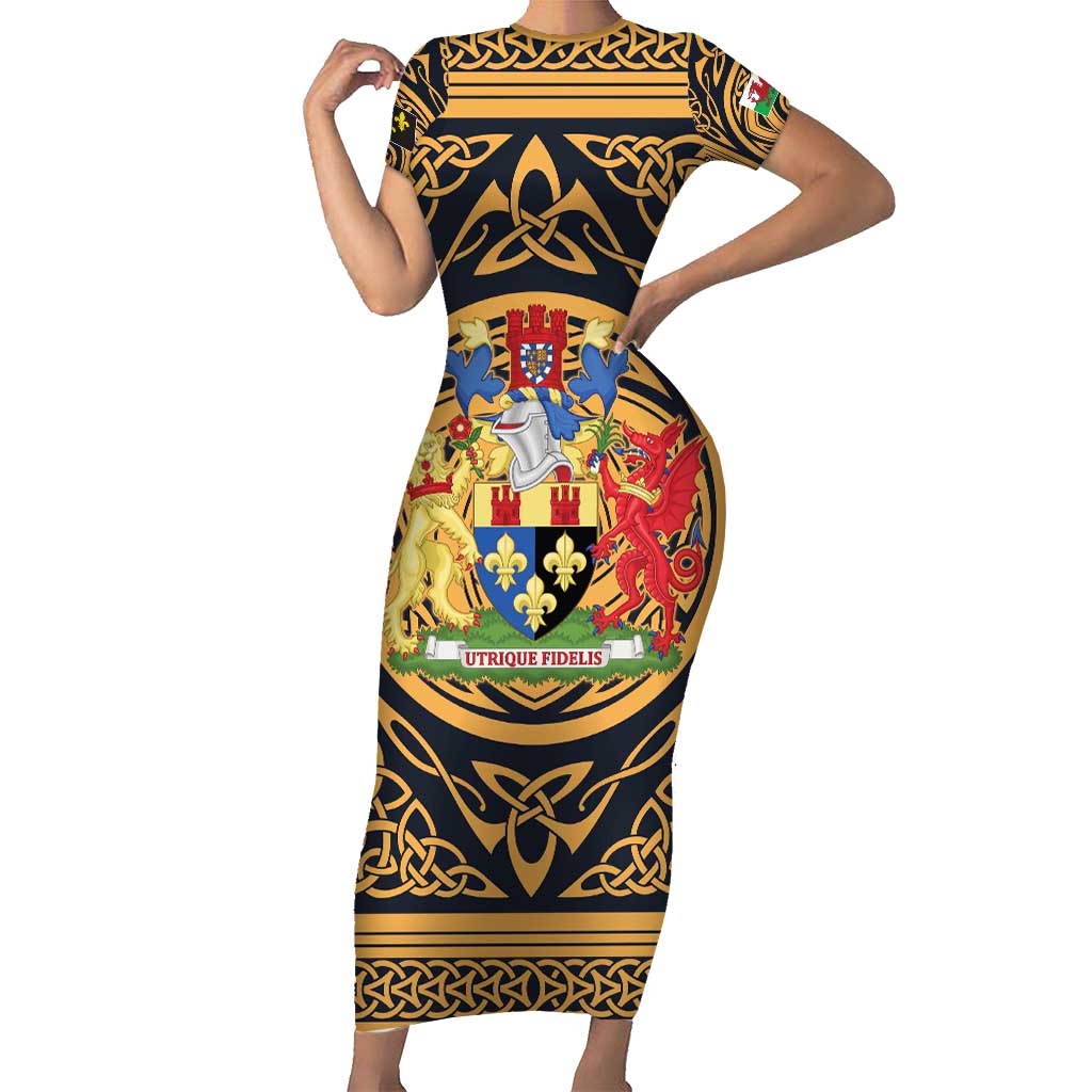 Personalized Monmouthshire Wales Short Sleeve Bodycon Dress Coat Of Arms Celtic Style - Wonder Print Shop