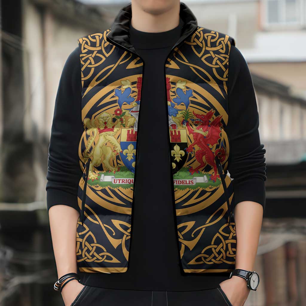 Personalized Monmouthshire Wales Sleeveless Puffer Jacket Coat Of Arms Celtic Style - Wonder Print Shop