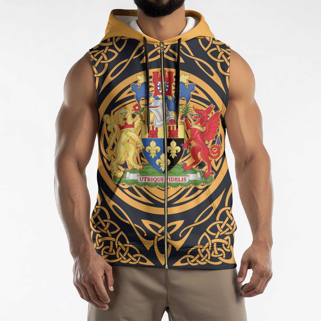 Personalized Monmouthshire Wales Sleeveless Zip Hoodie Coat Of Arms Celtic Style - Wonder Print Shop