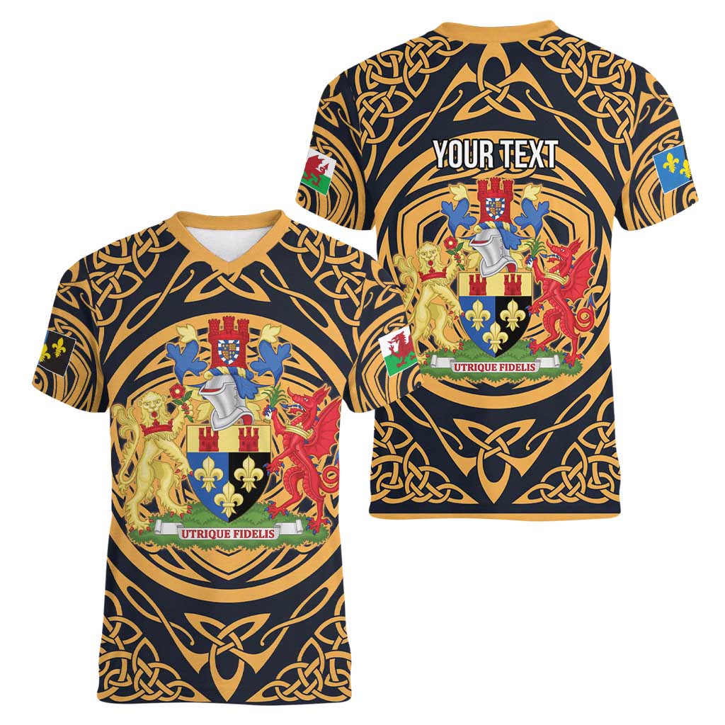 Personalized Monmouthshire Wales Women V-Neck T-Shirt Coat Of Arms Celtic Style - Wonder Print Shop