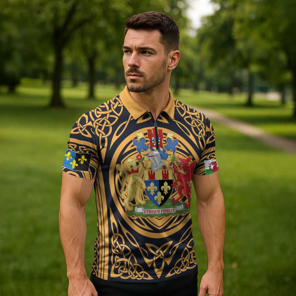 Personalized Monmouthshire Wales Zipper Polo Shirt Coat Of Arms Celtic Style - Wonder Print Shop