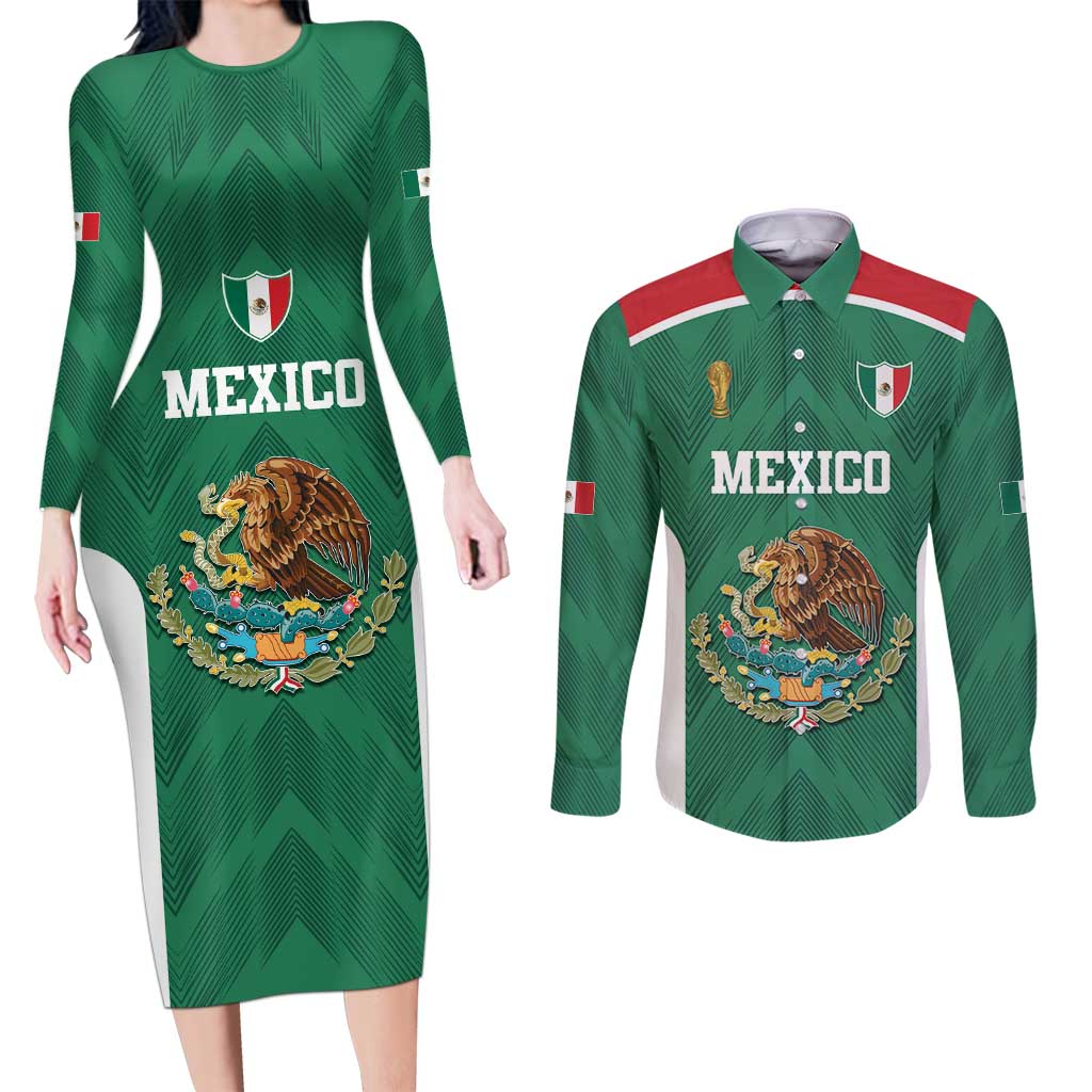 Custom Mexico Football Couples Matching Long Sleeve Bodycon Dress and Long Sleeve Button Shirt El Tricolor World Cup Style - Wonder Print Shop