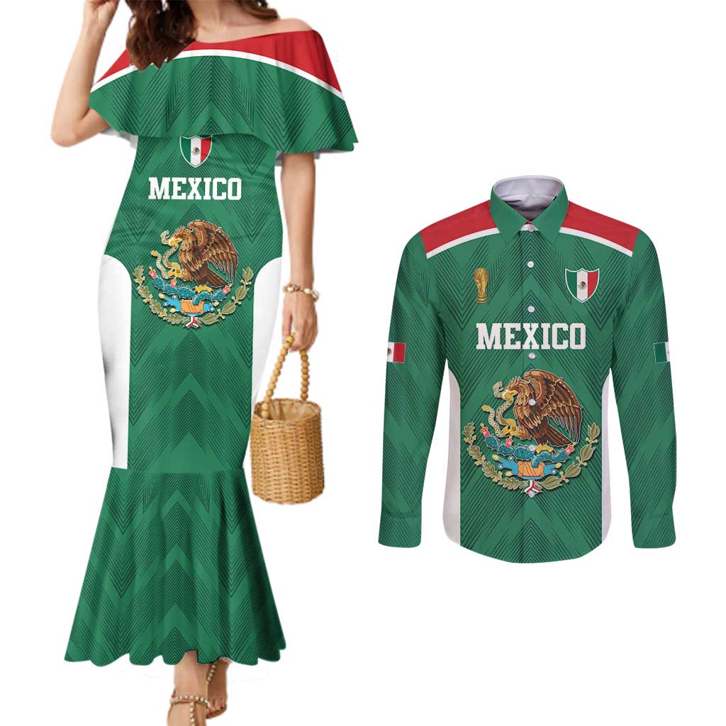 Custom Mexico Football Couples Matching Mermaid Dress and Long Sleeve Button Shirt El Tricolor World Cup Style - Wonder Print Shop