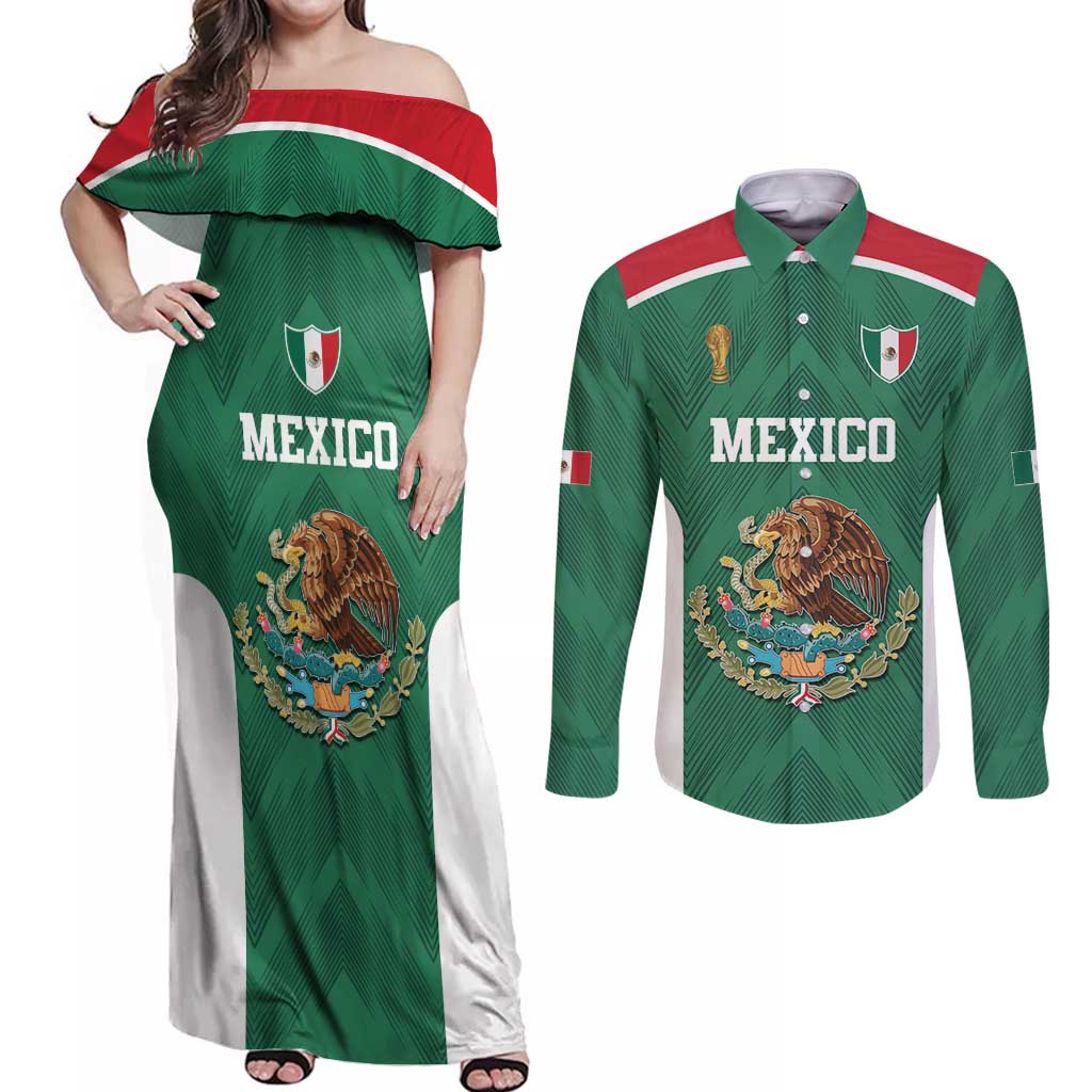 Custom Mexico Football Couples Matching Off Shoulder Maxi Dress and Long Sleeve Button Shirt El Tricolor World Cup Style - Wonder Print Shop