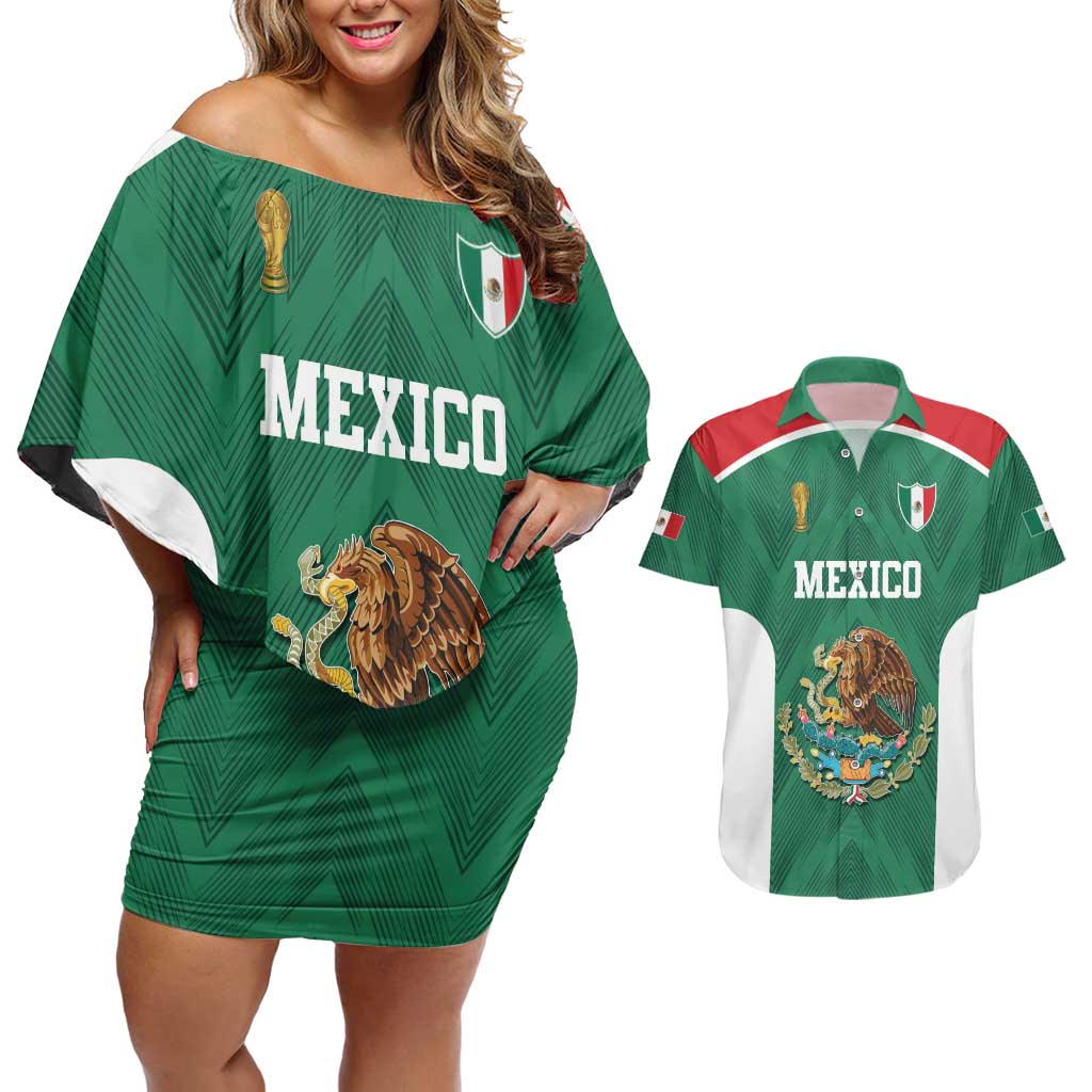 Custom Mexico Football Couples Matching Off Shoulder Short Dress and Hawaiian Shirt El Tricolor World Cup Style - Wonder Print Shop