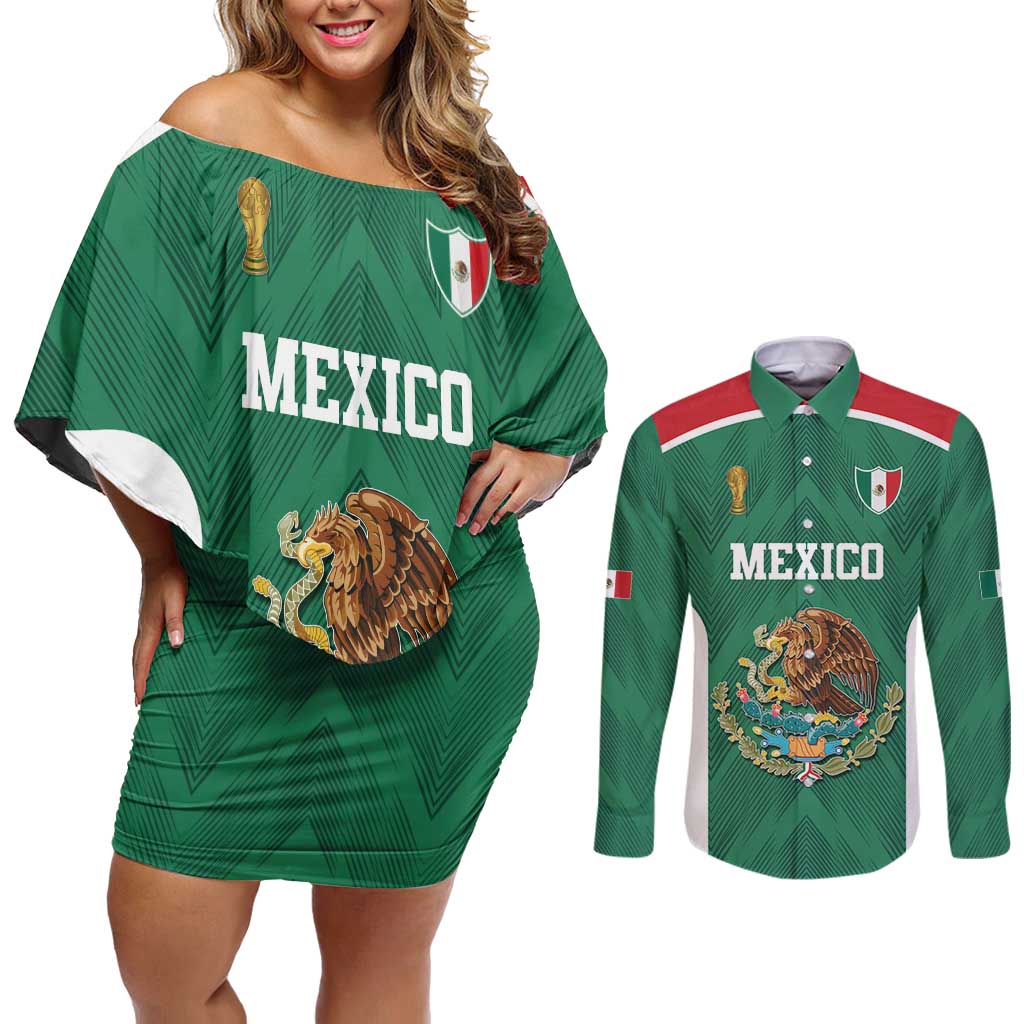Custom Mexico Football Couples Matching Off Shoulder Short Dress and Long Sleeve Button Shirt El Tricolor World Cup Style - Wonder Print Shop