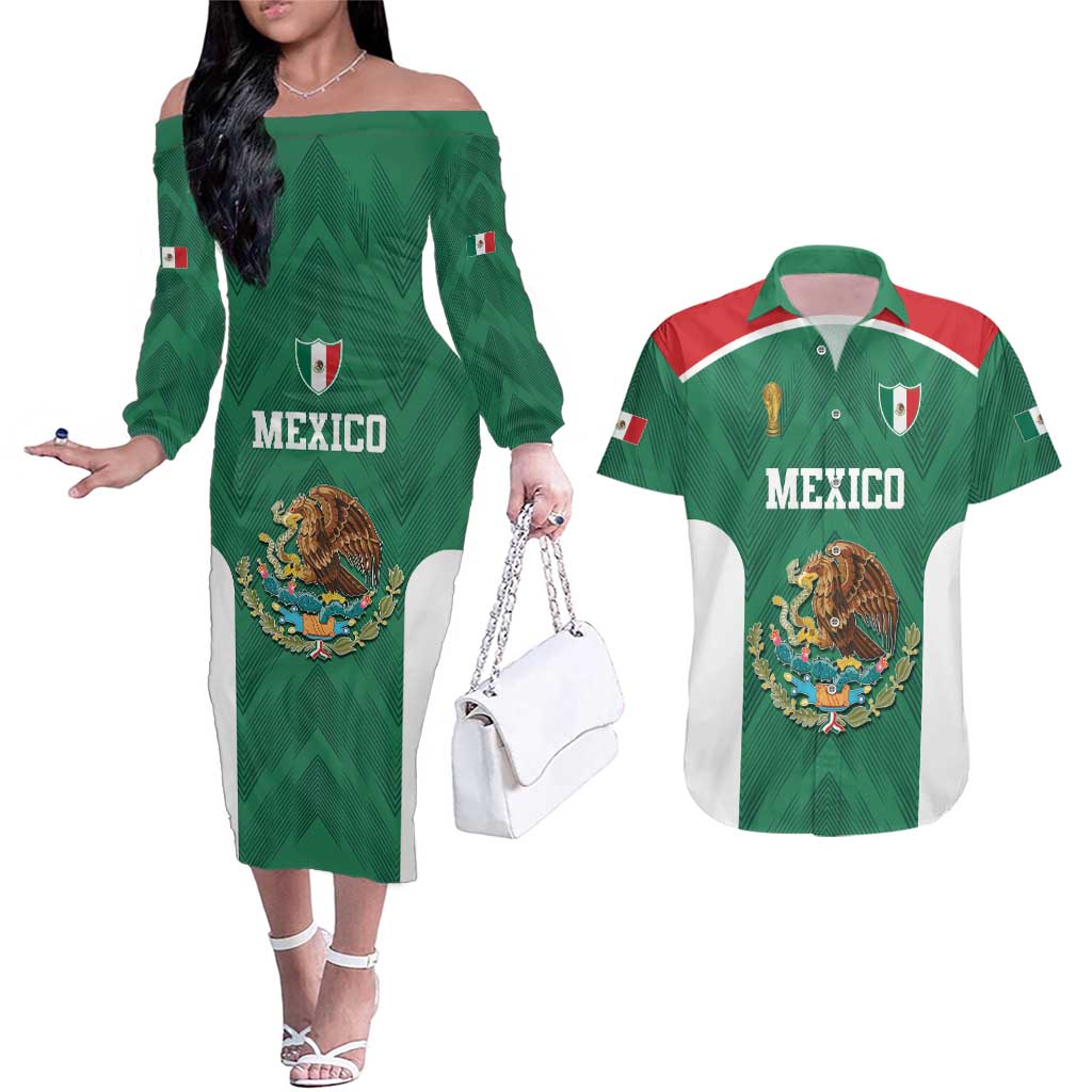 Custom Mexico Football Couples Matching Off The Shoulder Long Sleeve Dress and Hawaiian Shirt El Tricolor World Cup Style - Wonder Print Shop