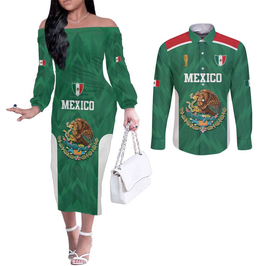 Custom Mexico Football Couples Matching Off The Shoulder Long Sleeve Dress and Long Sleeve Button Shirt El Tricolor World Cup Style - Wonder Print Shop