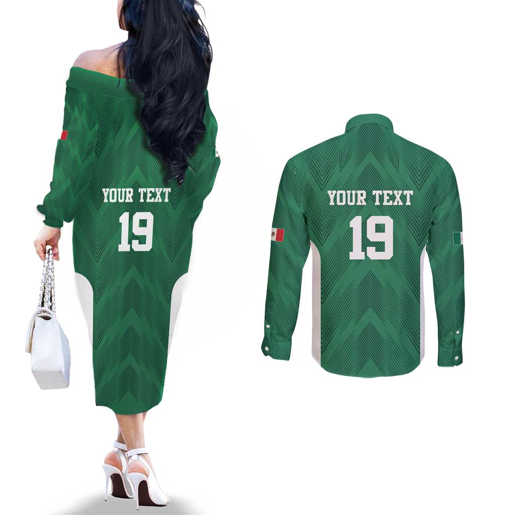 Custom Mexico Football Couples Matching Off The Shoulder Long Sleeve Dress and Long Sleeve Button Shirt El Tricolor World Cup Style - Wonder Print Shop