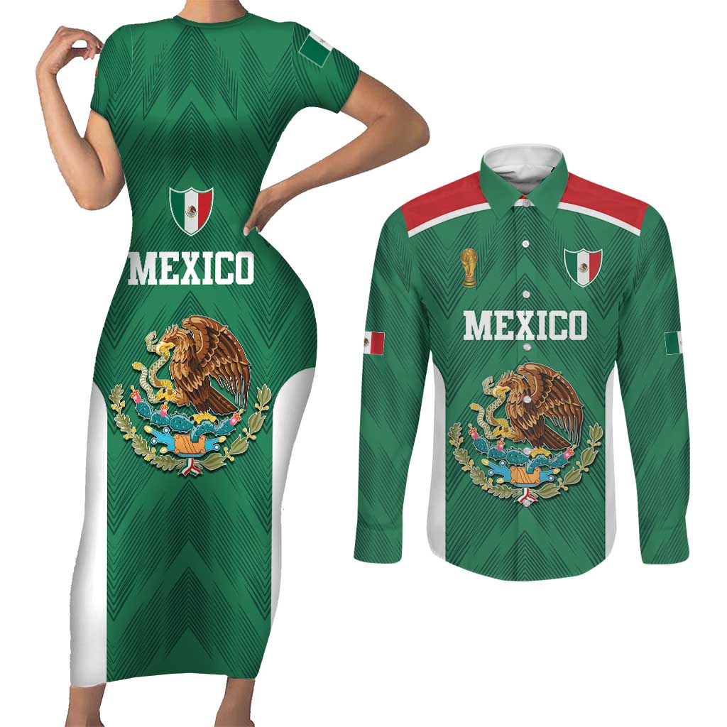 Custom Mexico Football Couples Matching Short Sleeve Bodycon Dress and Long Sleeve Button Shirt El Tricolor World Cup Style - Wonder Print Shop