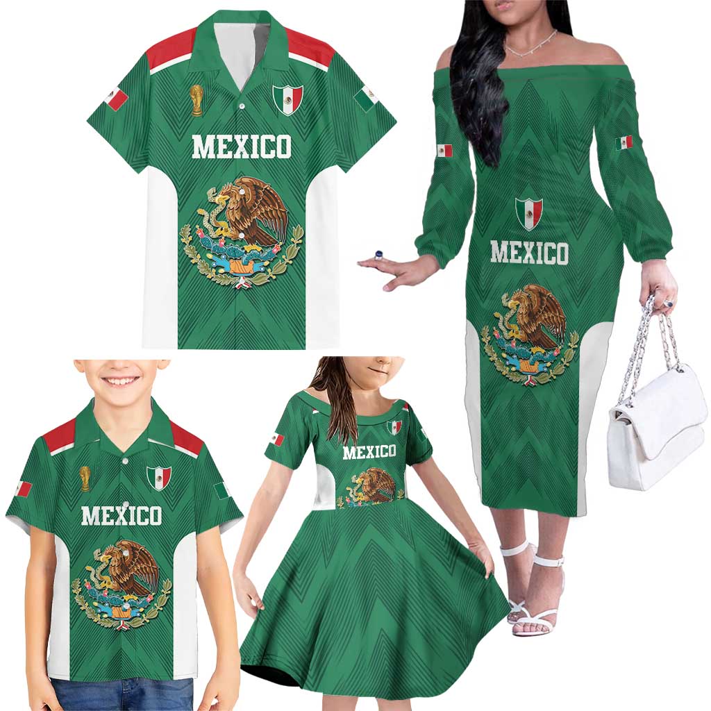 Custom Mexico Football Family Matching Off The Shoulder Long Sleeve Dress and Hawaiian Shirt El Tricolor World Cup Style - Wonder Print Shop