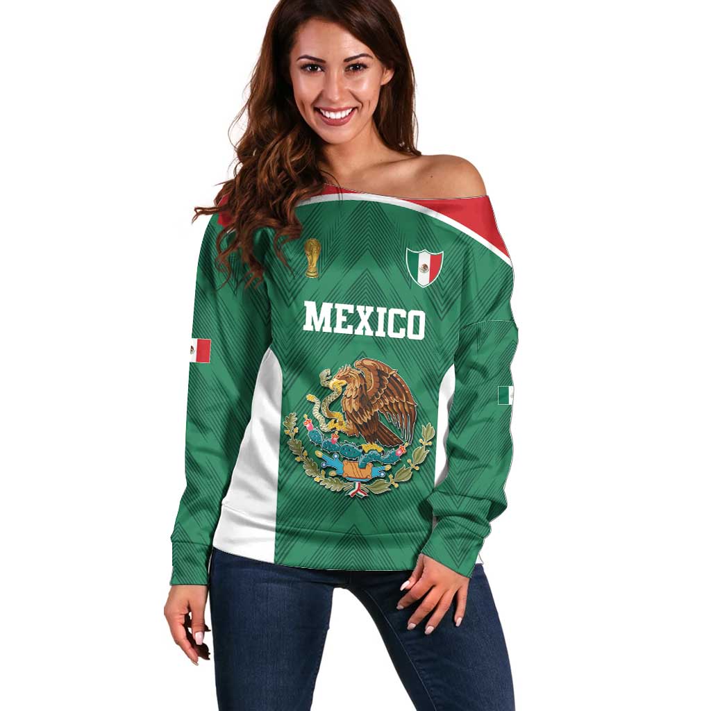 Custom Mexico Football Off Shoulder Sweater El Tricolor World Cup Style - Wonder Print Shop