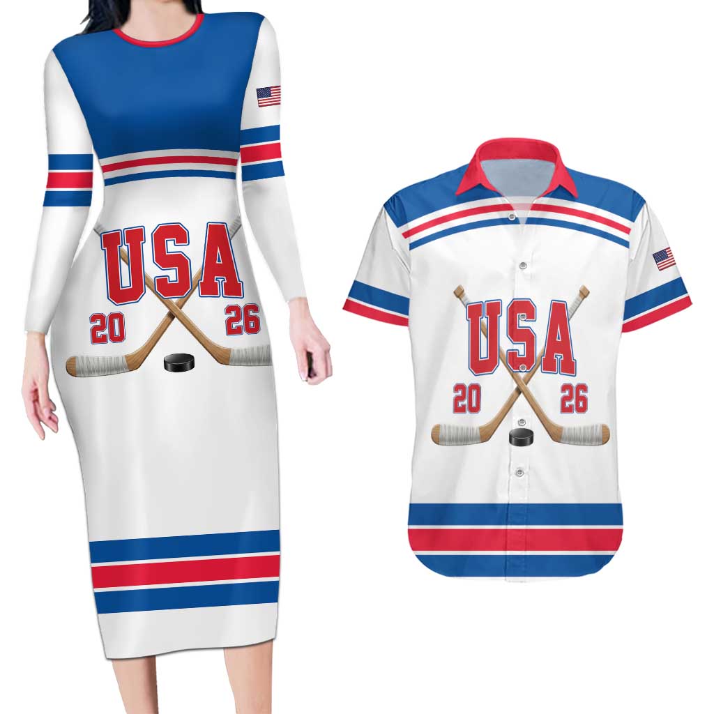 Custom USA Ice Hockey Couples Matching Long Sleeve Bodycon Dress and Hawaiian Shirt Let’s Go Champions