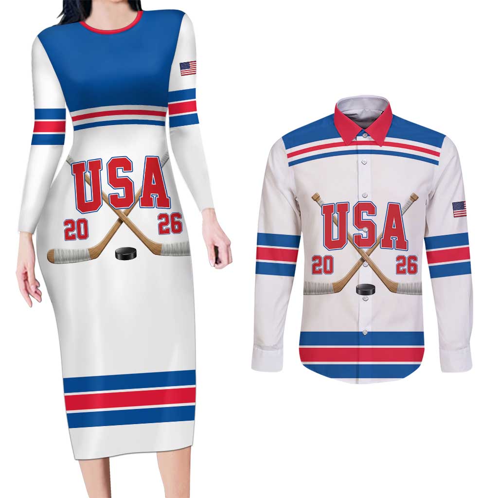 Custom USA Ice Hockey Couples Matching Long Sleeve Bodycon Dress and Long Sleeve Button Shirt Let’s Go Champions