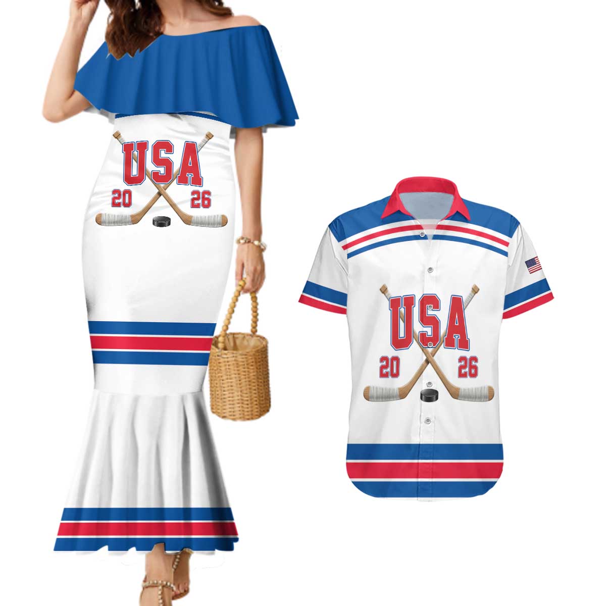 Custom USA Ice Hockey Couples Matching Mermaid Dress and Hawaiian Shirt Let’s Go Champions