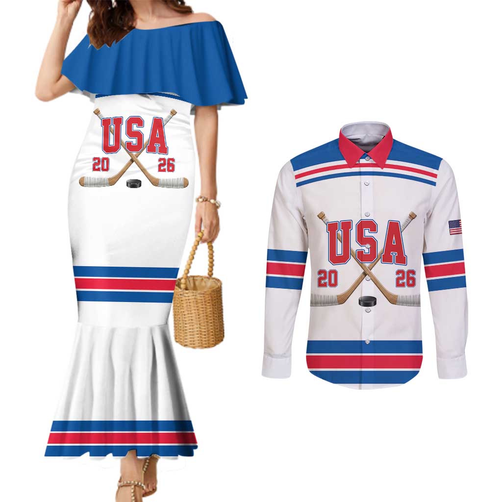 Custom USA Ice Hockey Couples Matching Mermaid Dress and Long Sleeve Button Shirt Let’s Go Champions