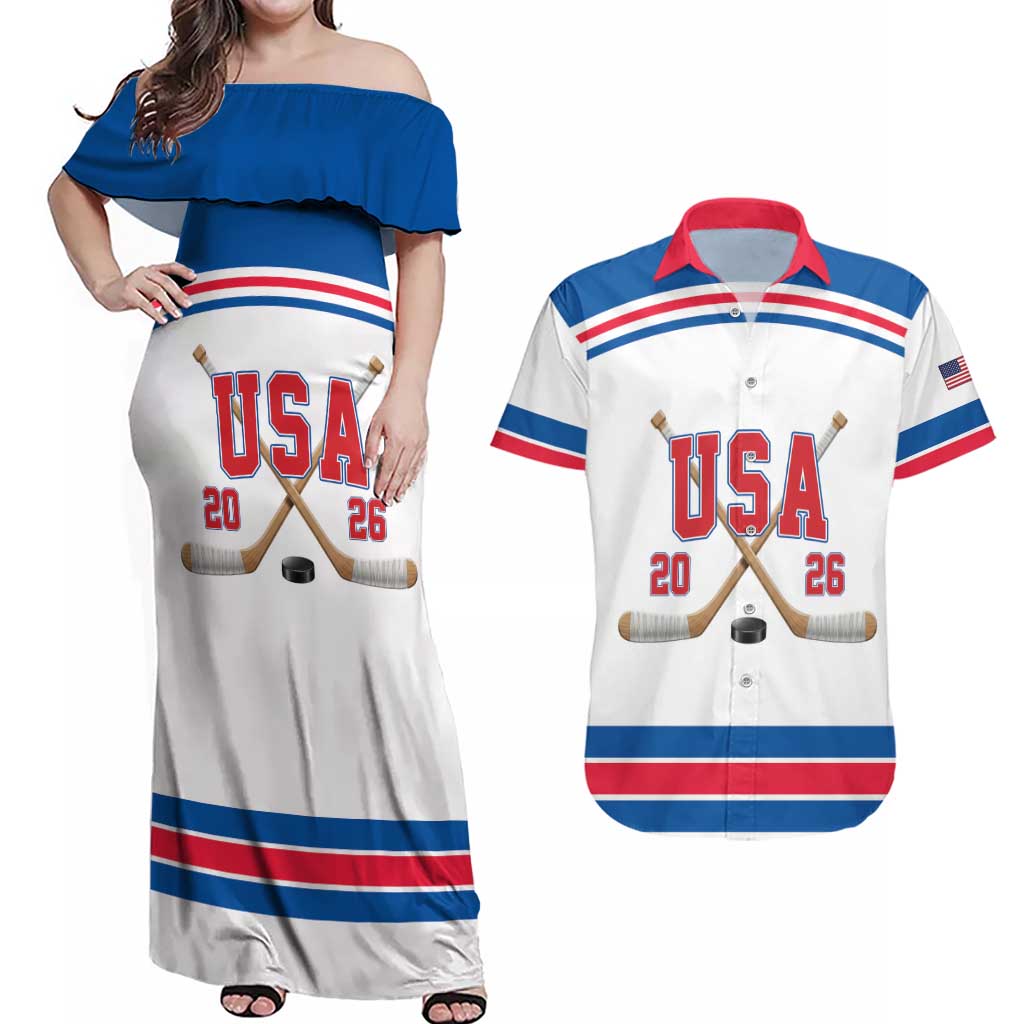 Custom USA Ice Hockey Couples Matching Off Shoulder Maxi Dress and Hawaiian Shirt Let’s Go Champions