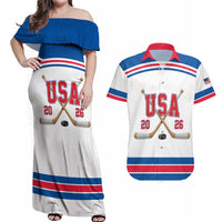 Custom USA Ice Hockey Couples Matching Off Shoulder Maxi Dress and Hawaiian Shirt Let’s Go Champions