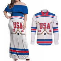 Custom USA Ice Hockey Couples Matching Off Shoulder Maxi Dress and Long Sleeve Button Shirt Let’s Go Champions