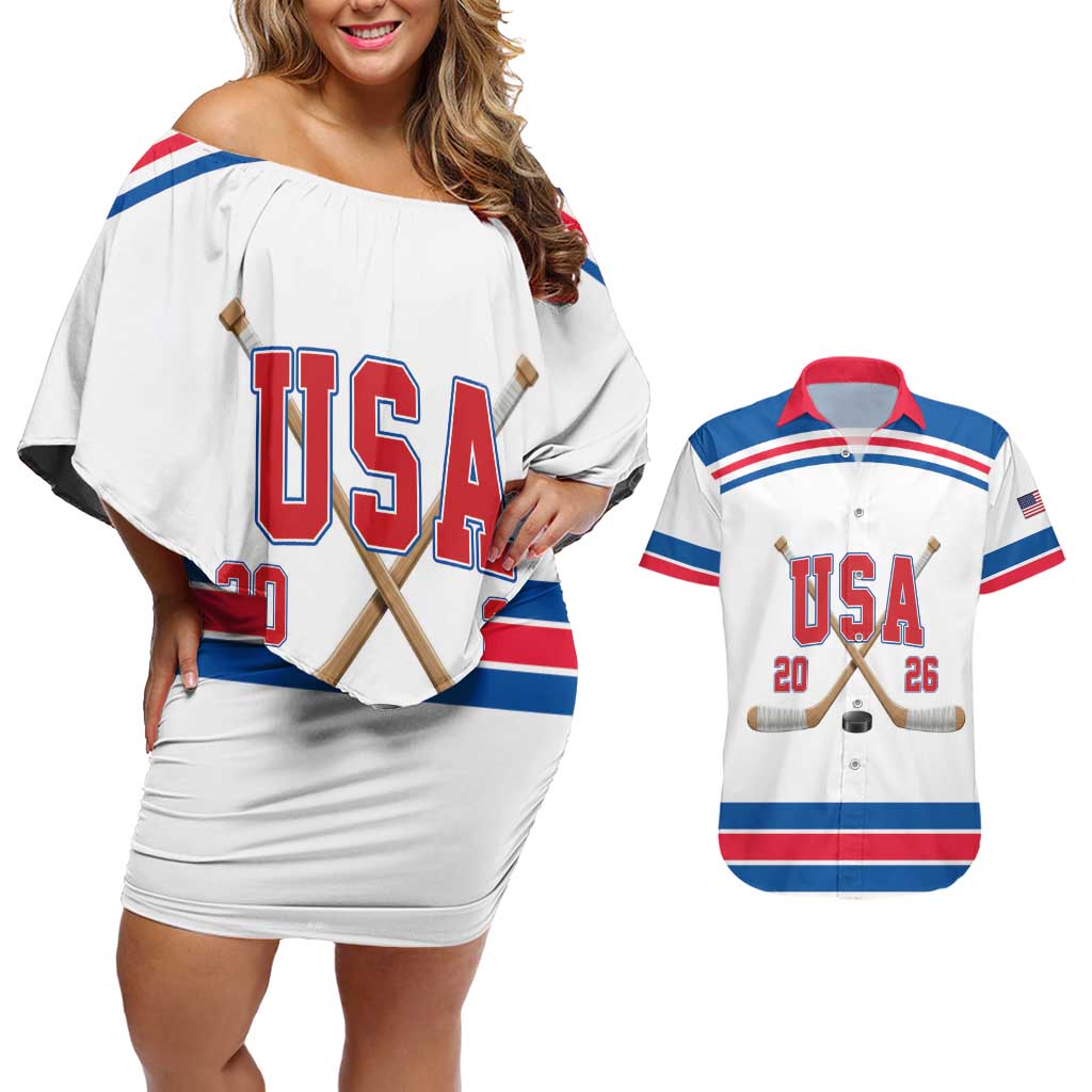 Custom USA Ice Hockey Couples Matching Off Shoulder Short Dress and Hawaiian Shirt Let’s Go Champions
