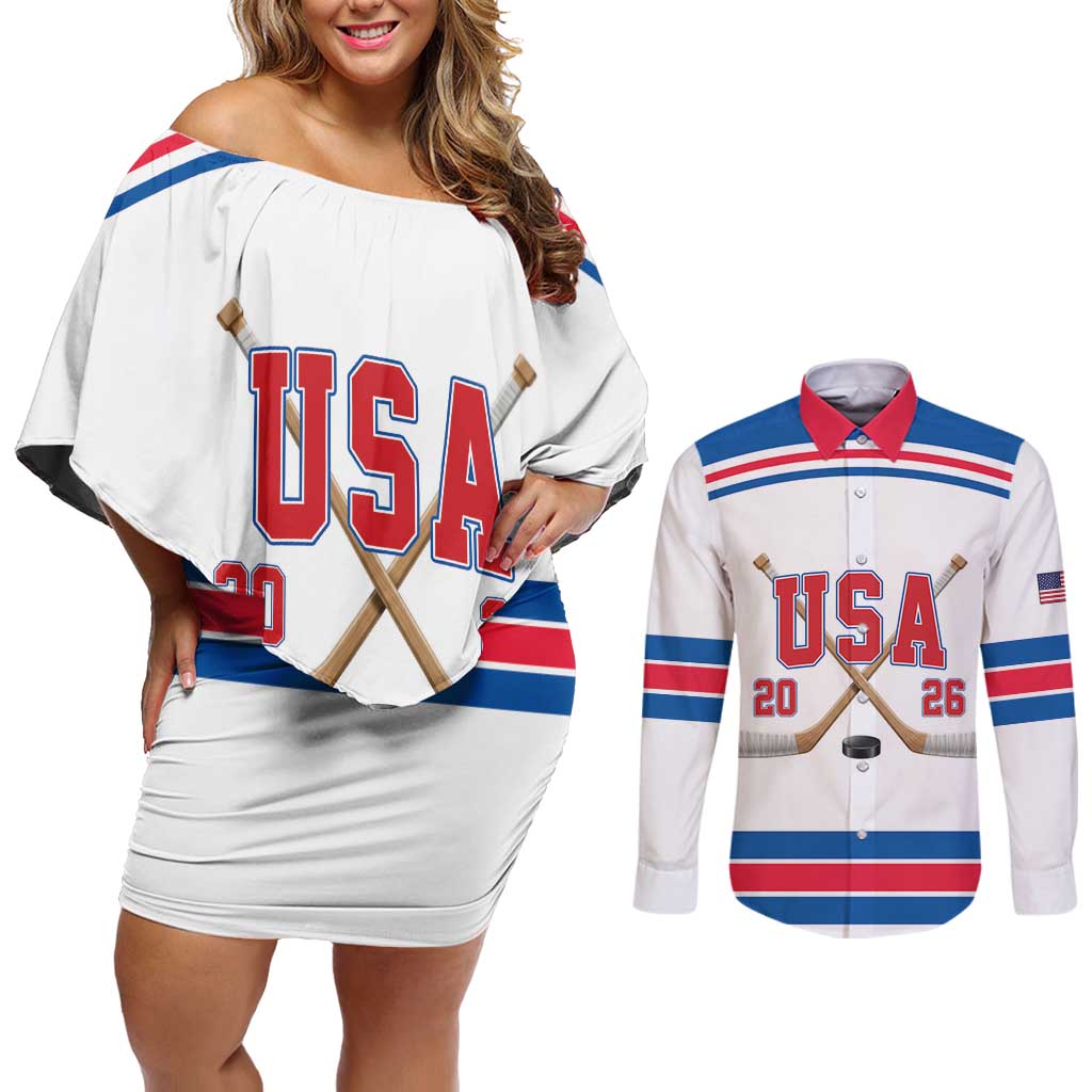 Custom USA Ice Hockey Couples Matching Off Shoulder Short Dress and Long Sleeve Button Shirt Let’s Go Champions