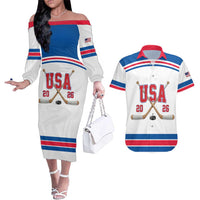 Custom USA Ice Hockey Couples Matching Off The Shoulder Long Sleeve Dress and Hawaiian Shirt Let’s Go Champions
