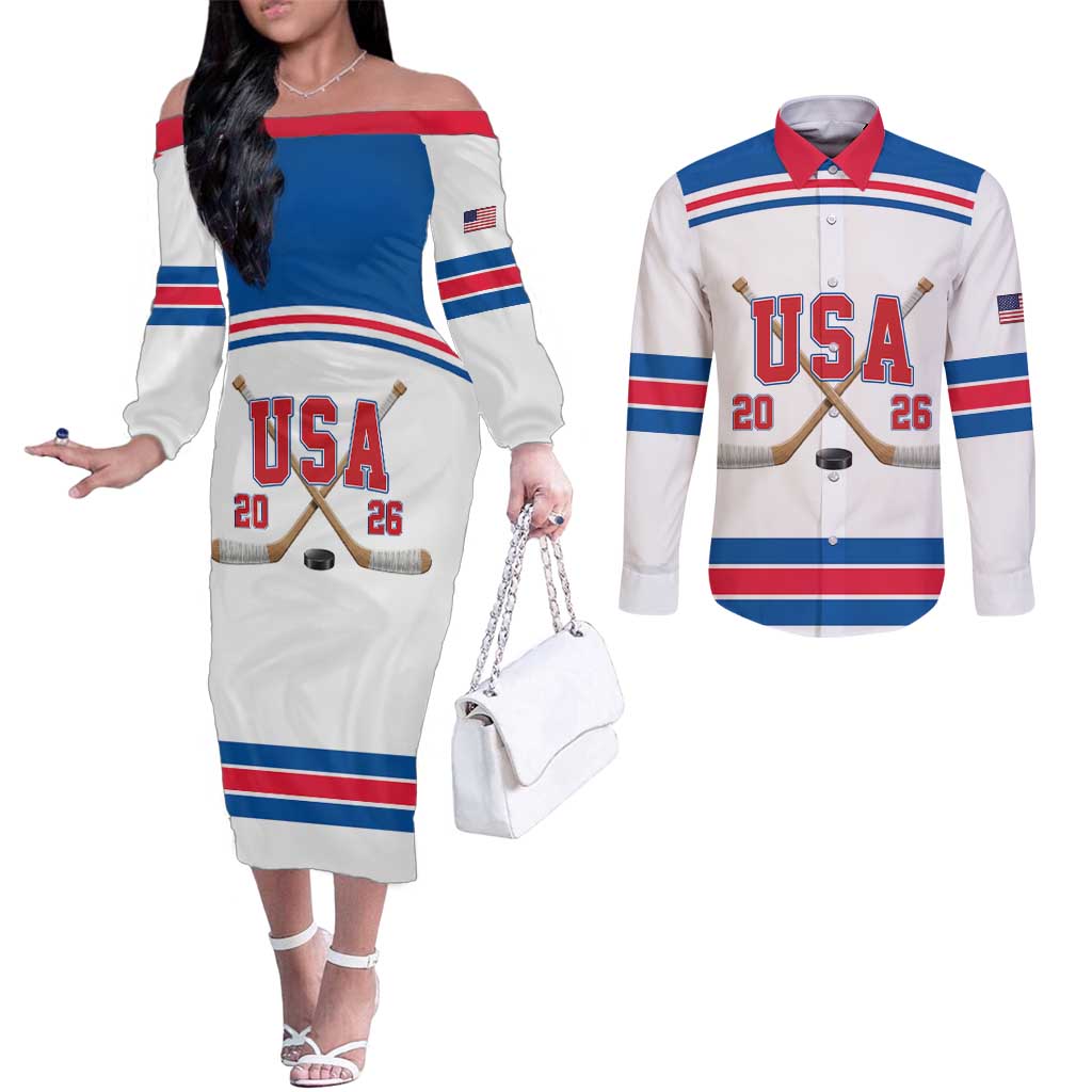 Custom USA Ice Hockey Couples Matching Off The Shoulder Long Sleeve Dress and Long Sleeve Button Shirt Let’s Go Champions
